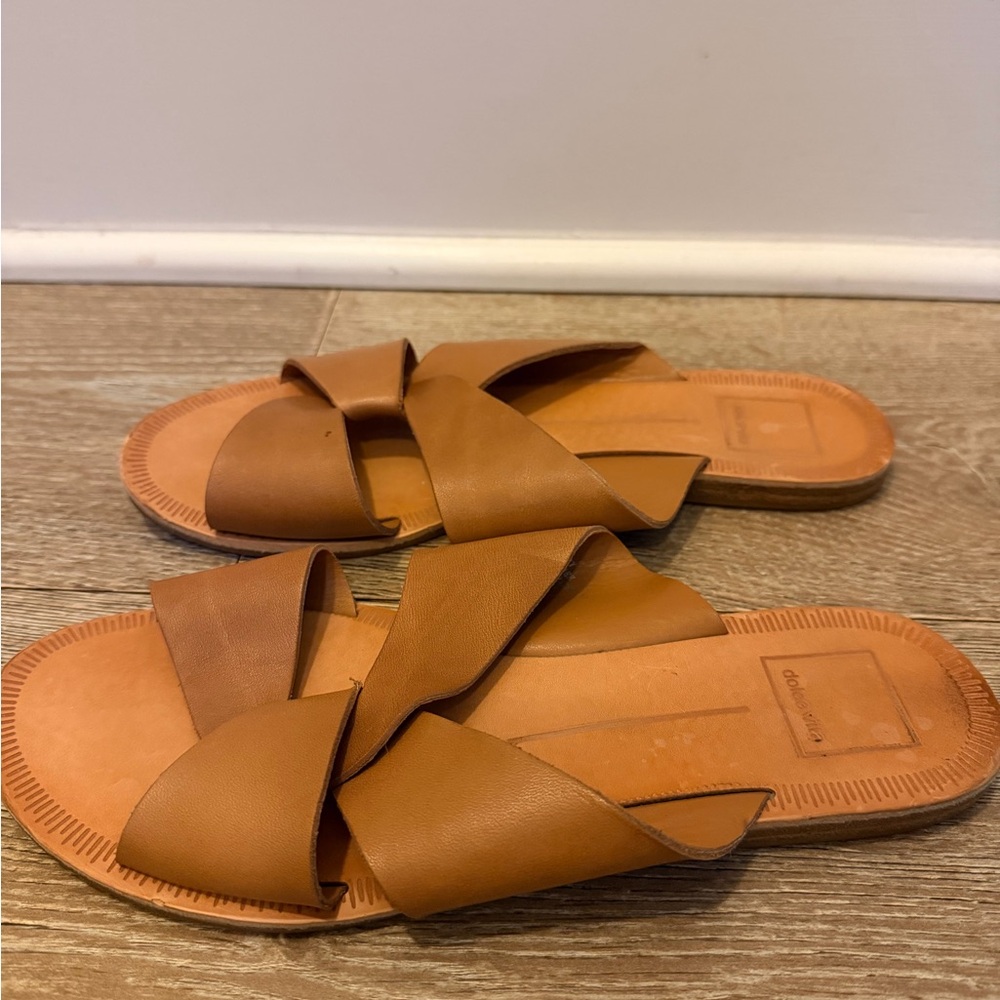 Dolce Vita Women's Tan Slide Sandals - Leather Crossover Strap